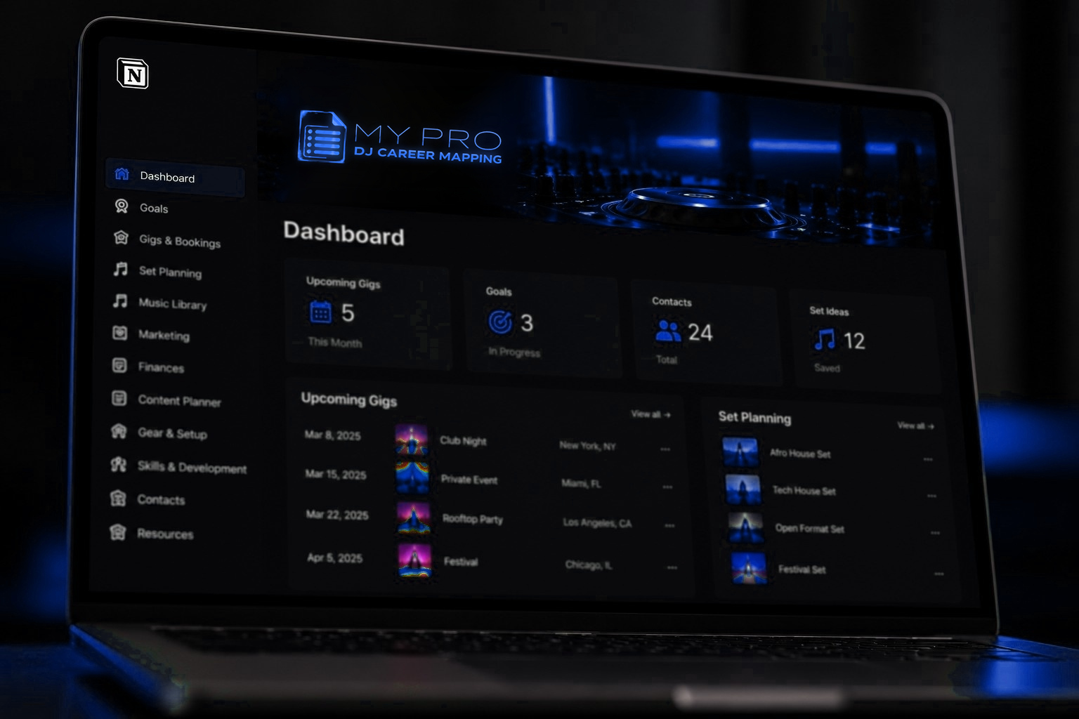 MY PRO DJ CAREER MAPPING Notion dashboard on a laptop